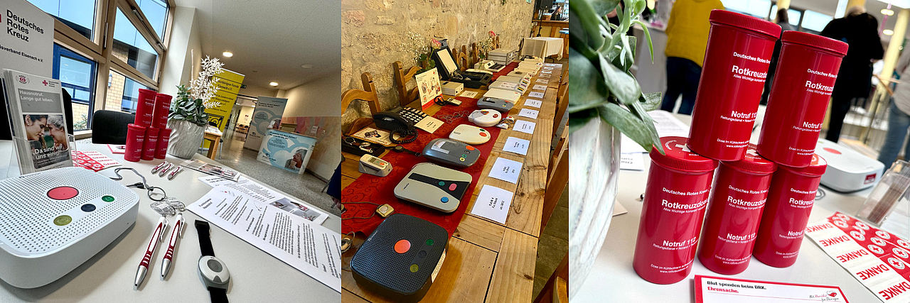 Collage mit dem Angebot des DRK Hausnotrufs: links Hausnotrufgeräte und Armbänder, mittig ein Ausstellungstisch mit Notrufsystemen und rechts gestapelte Rotkreuz Notruf-Dosen.