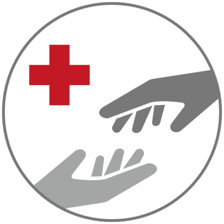 Ein kreisrundes Symbol des Deutschen Roten Kreuzes. Auf hellem Hintergrund ist oben links ein rotes Kreuz zu sehen. Darunter sind zwei Hände in grauer Farbe gezeichnet. Eine Hand reicht von oben herab, die andere Hand wartet unten mit der Handfläche nach oben. Es sieht so aus, als würde eine Person der anderen die Hand reichen, um ihr zu helfen.