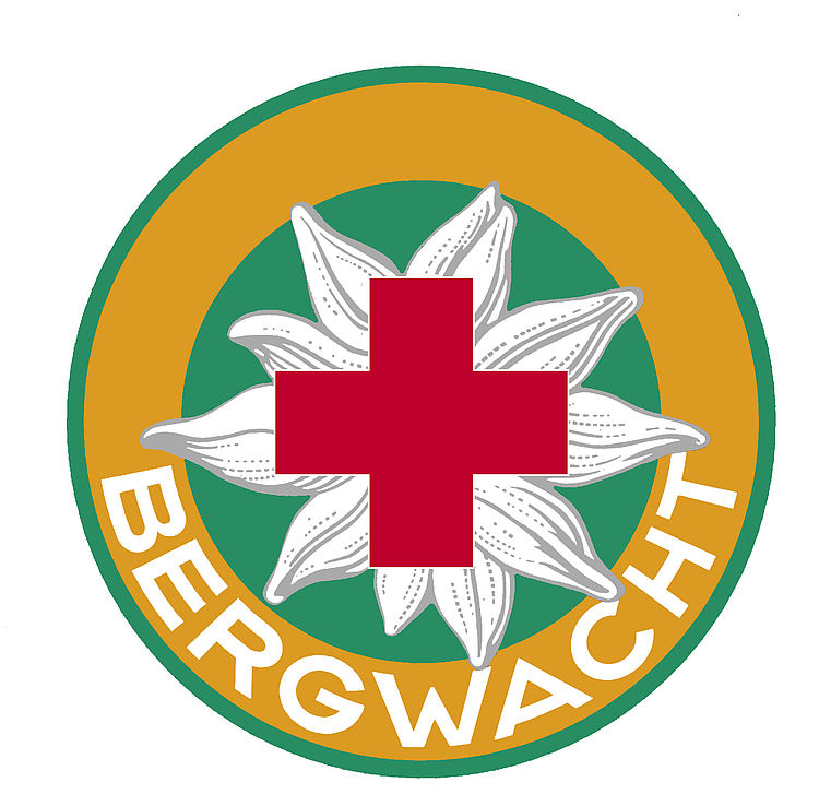 Offizielles Logo der Bergwacht mit Edelweiß und rotem Kreuz.