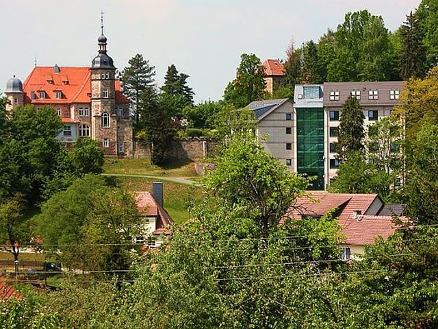 Das Bild zeigt verschiedene Häuser an einem Hügel. Links oben steht ein altes Schloss mit einem roten Dach und einem Turm. Rechts daneben ist ein modernes Haus mit vielen Fenstern. Überall wachsen grüne Bäume und Sträucher. Im Vordergrund sieht man Dächer von kleineren Häusern. Die Sonne scheint.
