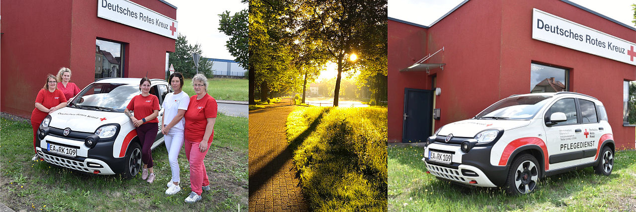 Collage zur ambulanten Pflege des DRK: links Pflegeteam vor einem Einsatzfahrzeug, mittig eine beleuchtete Naturlandschaft, rechts das Einsatzfahrzeug des Pflegedienstes.