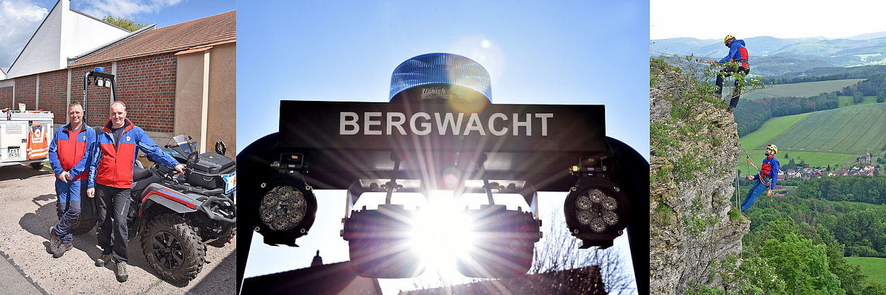 Collage der Bergwacht: links zwei Bergretter beim Einsatzfahrzeug, mittig das Blaulicht mit BERGWACHT-Schriftzug und rechts zwei Retter beim Abseilen am Fels.