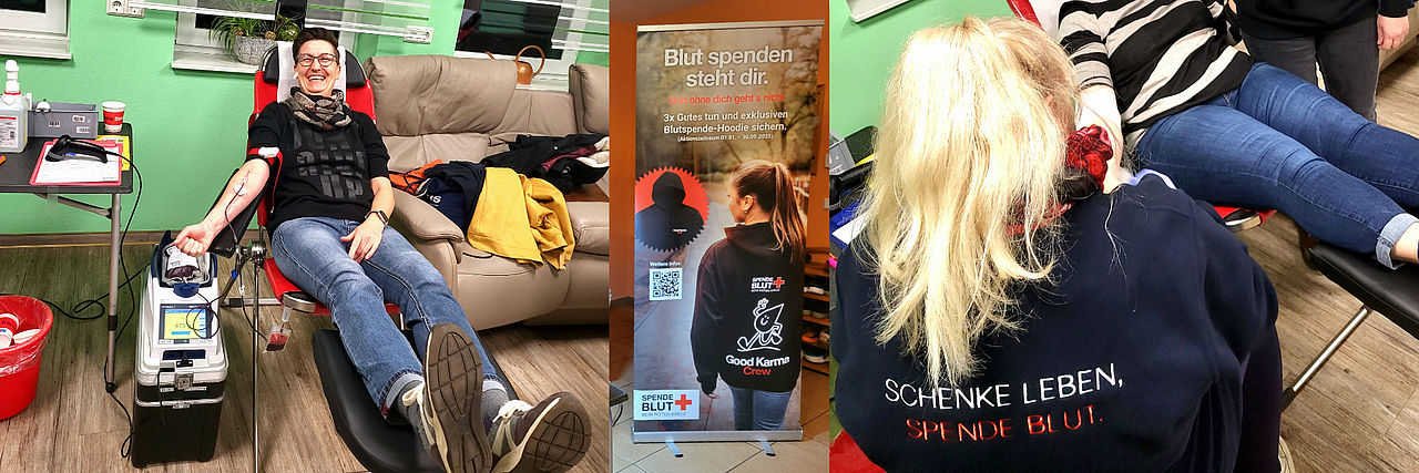 Collage zur Blutspende: links eine spendende Person in einem Liegestuhl, mittig ein Werbebanner, rechts die Rückenansicht einer Spenderin mit dem Aufdruck "Schenke Leben. Spende Blut."