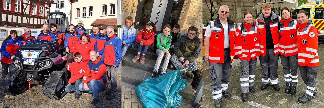 Dieses Bild ist eine Zusammenstellung (Collage) aus drei Fotos von Helfern des Deutschen Roten Kreuzes (DRK). Die Fotos zeigen Menschen, die sich ehrenamtlich engagieren. Links: Viele Erwachsene Helfer stehen mit einem besonderen Einsatzfahrzeug (einem Quad mit Ketten) vor alten Häusern. Mitte: Mehrere Kinder und Jugendliche des Jugendrotkreuzes (JRK) sitzen auf einer Treppe. Rechts: Fünf erwachsene Helfer in ihren leuchtend roten Einsatzjacken stehen nebeneinander.