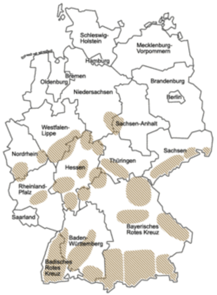 Karte von Deutschland mit Bundesländern, die die Verbreitung und Einsatzgebiete der Bergwacht vor allem in den südlichen und zentralen Gebirgsregionen visualisiert.