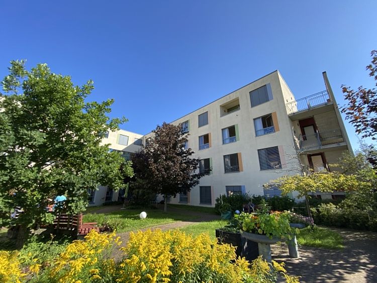 Gartenanlage des DRK Pflegeheims Haus Fischerstadt mit Sitzmöglichkeiten, einem Baum und Blumen in voller Blüte.