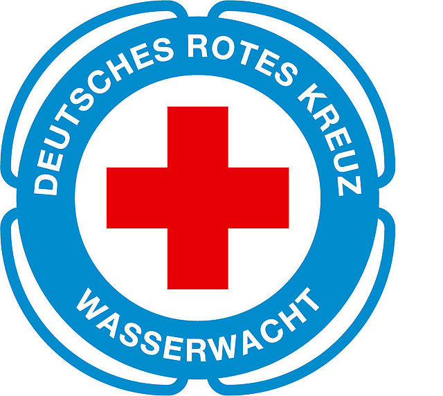 Blaues, rundes Logo der Wasserwacht des Deutschen Roten Kreuzes in Form eines Rettungsrings mit rotem Kreuz in der Mitte und weißer Umschrift „DEUTSCHES ROTES KREUZ“ und „WASSERWACHT“.