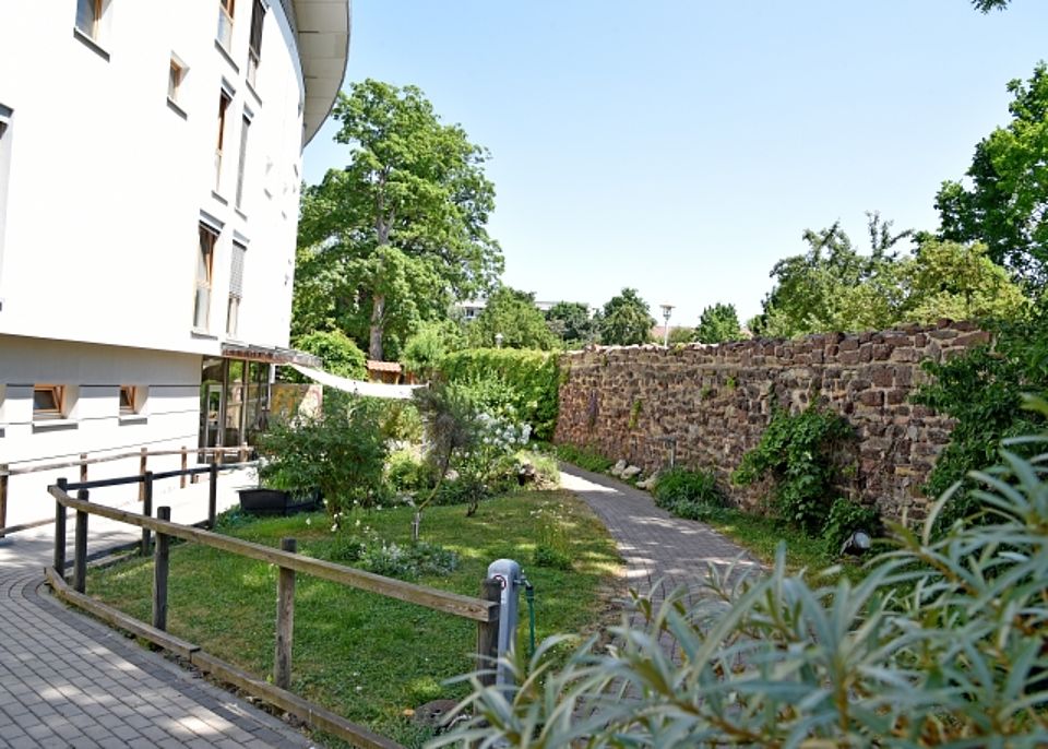 Ein heller Garten an einem großen, weißen Haus. Auf der linken Seite ist die Haus-Wand mit vielen Fenstern. Auf der rechten Seite zieht sich eine lange Mauer aus braunen Steinen durch das Bild. Zwischen dem Haus und der Mauer gibt es eine grüne Wiese mit kleinen Bäumen und Büschen. Ein schmaler Weg aus grauen Steinen führt durch den Garten. Der Himmel ist blau und die Sonne scheint.