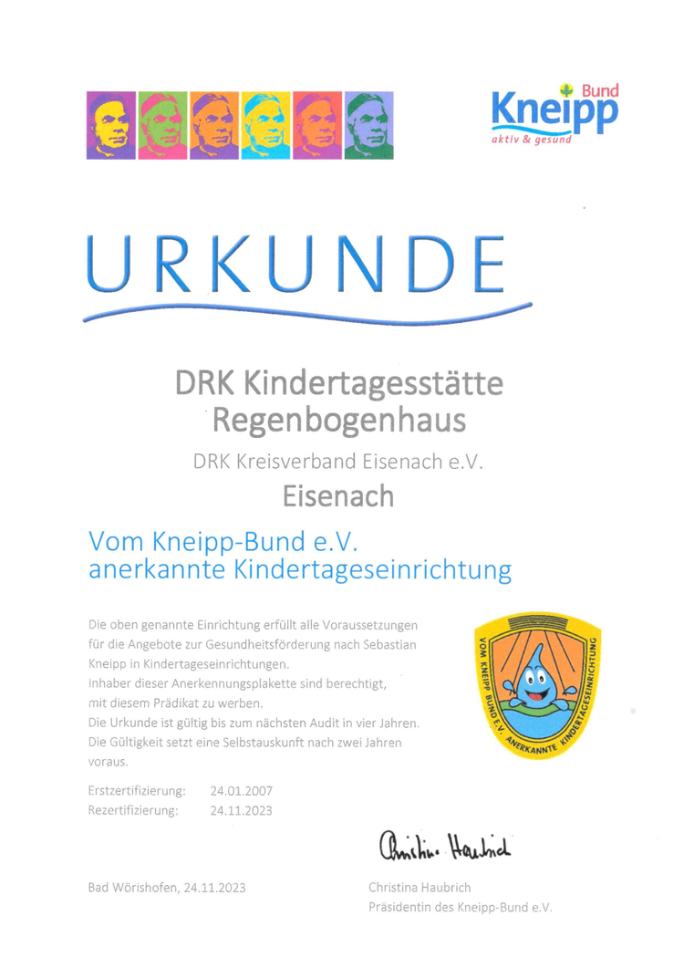 Urkunde des Kneipp-Bundes e.V.: Anerkennung der DRK Kindertagesstätte Regenbogenhaus Eisenach als vom Kneipp-Bund anerkannte Kindertageseinrichtung.